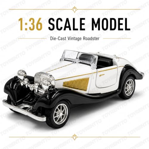 Image of 1:36 Scale Die-Cast Vintage Roadster Car Model, 13 cm Pull-Back Toy Car with Openable Doors, Rubber Tyres and Detailed Interior, Collectible Display Gift, White and Black
