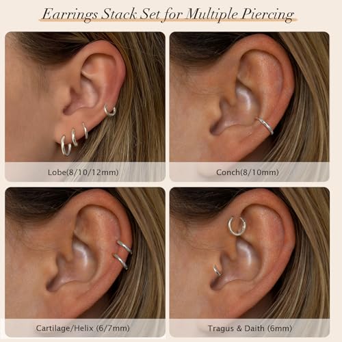 Elegant Hypoallergenic Sterling Silver Hoop Earrings for Men and Women - 14k Gold Plated Small Huggie Stackable Earrings Set for Multiple Piercings - Image 6