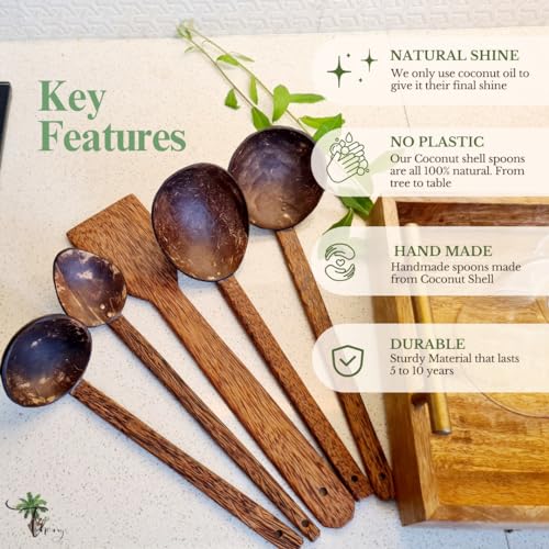 Image of Thenga Coconut Shell Cooking Utensils Spatula, Spoon & Ladles, Set of 5 | Smooth polished finish, safe for non-stick cookware and clay pots, ideal for stirring, serving and everyday cooking