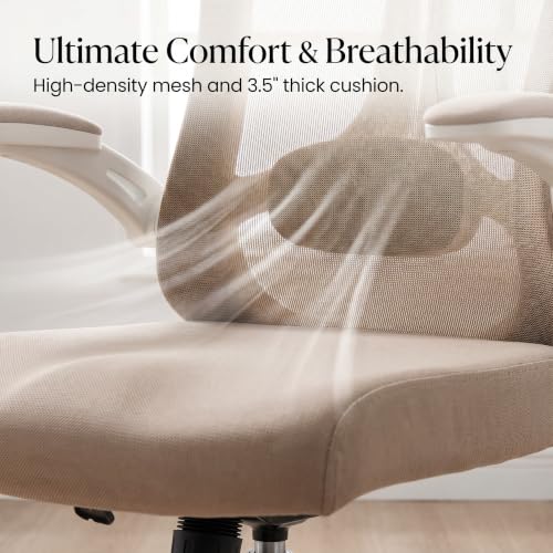 Image of Comfy Office Chair, Adjustable Lumbar Support Desk Chair, Khaki | Ergonomic Office Chair with Flip-up Armrests, 400LBS Capacity Breathable Mesh Computer Chair for Home Offices, Study, Gaming