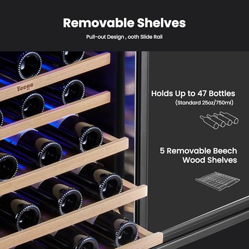 yeego wine fridge cooler - 24 inch wine fridge hold 47 bottles 40-65f wine refrigerator glass door built in freestanding under counter fridge for beer soda drink home bar office512 cuft
