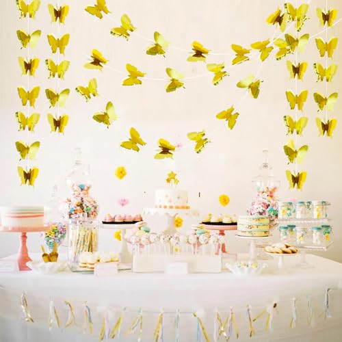 Image of BEISHIDA 5 Pieces Gold 3D Butterfly Paper Garland Hanging Decorative Banner for Home Ceiling Decor Birthday Party Baby Shower Wedding Theme Showcase Decoration Supplies Total 393 Inch Length