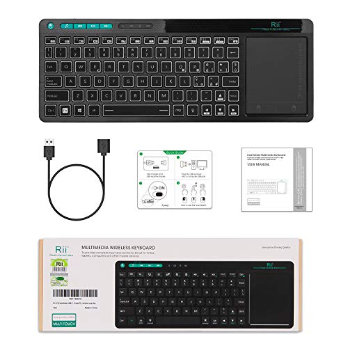 Rii Mini i18+ Wireless (disposición italiana) Teclado retroiluminado con ratón touchpad multitáctil para Smart TV, Mini PC, HTPC, consola, ordenador