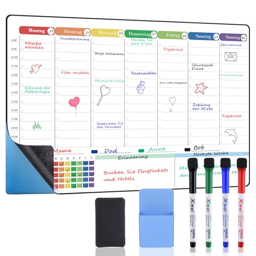 POPRUN Whiteboard Folie Selbstklebend 42×28cm Wochenplaner Abwischbar für Kühlschrank Wand Glas Holz alle glatte Oberflächen Stundenplan Familienplaner Essensplaner Haushaltsplan