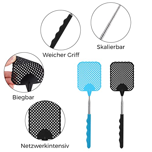 TAKUZA Fliegenklatsche 2 Stück, Fliegenklatsche Ausziehbar, Pest Control, Mit Integriertem Mückenschaber, Für Verwendet, Um Fliegen, Wespen, Mücken Und Andere Insekten Abzuwehren (Schwarz, Blau)