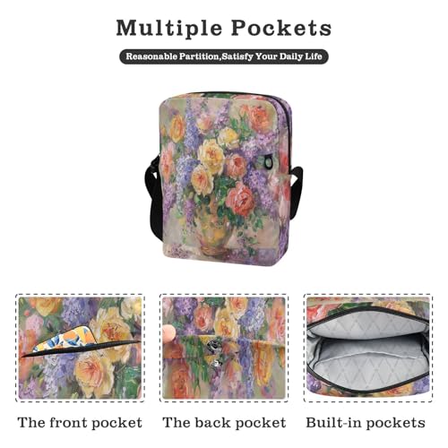 mens messenger bag crossbody crossbody bag men Woman Shoulder Handbags Adjustable Strap for outdoor sports outdoor sports- Roses and Lilacs in A Vase2