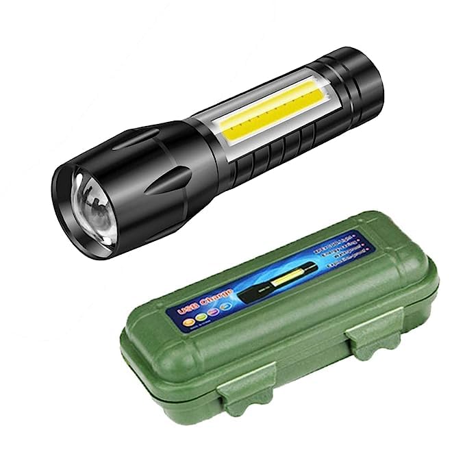 PRISOUnique Pocket Size Mini Aluminum LED Flashlight Rechargeable Tourch Light Pocket Tourch for Emergency Use Tactical Flashlight Zoomable USB Charging Torch Light.-(Black)