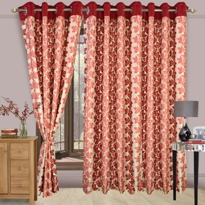 Image of Cortina Durable & Stylish Premium Floral Design 100% Polyester Curtains - Metal Grommets - Easy Fitting Over Window - Bedroom Living Room Kids Room Hall Kitchen - 7 Feet Set of 1 - Maroon 2