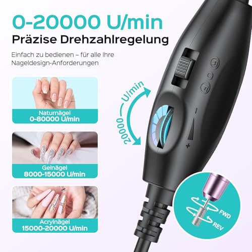 COSLUS Elektrische Nagelfräser für Gelnägel: 20000 u/Min Draht Einstellbare Geschwindigkeit and Drehrichtung Maniküre und Pediküre set，Nagelfeile Fräser für Gelnägel Acrylnägel (Lila)