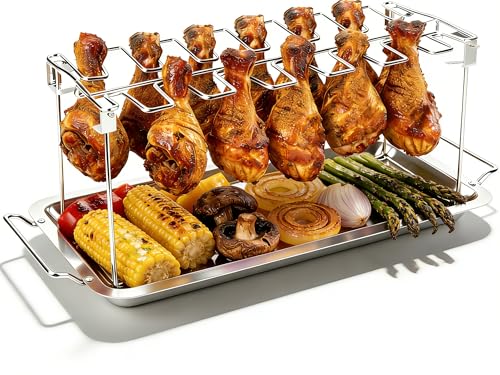 auisea Large Chicken Leg Rack for Grill 14 Slots with Drip Pan Sturdy Stainless Steel Drumstick Holder for Oven & Smoker Mirror-Finish for Easy Clean