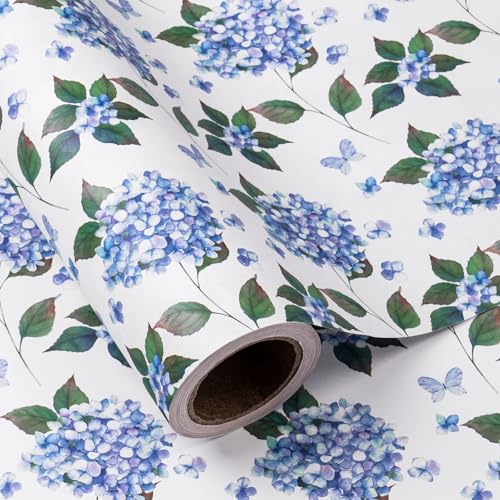 WRAPAHOLIC Kraft Hydrangea Floral Wrapping Paper Roll - Mini Roll - 17 Inch x 16.5 Feet - Hydrangea Flower Wrapping Paper for Wedding Birthday Bridal Shower Tea Party