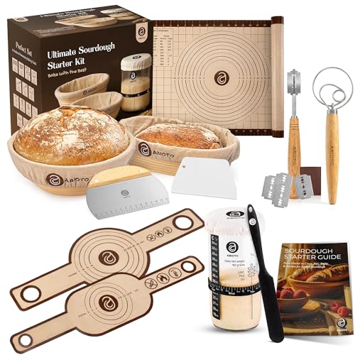 Image of ABIOTO Sourdough Bread Baking & Starter Kit - 24-Piece Set with 9 inch Round & 10 inch Oval Rattan Baskets, 24oz Starter Jar, Bread Lame, Danish Whisk, Slings & Mat