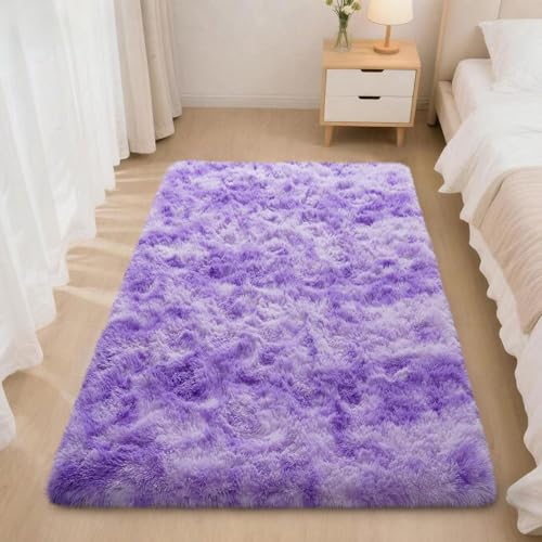 2x3 Rugs for Bedroom, Fluffy Area Rugs for Living Room, Soft Shag Kids Rug Small Carpet with 4 Non-Slip Rug Pads (Purple TieDyed, 2ft x 3ft)