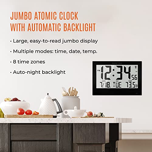 Marathon Jumbo Atomic Wall Clock With Automatic Backlight, Black - Large 15-Inch Display - Am/Pm Or 24-Hour Time, 8 Time Zones, Indoor Temperature, Day & Date - 4 Aa + 4 C Batteries Included #TOP7
