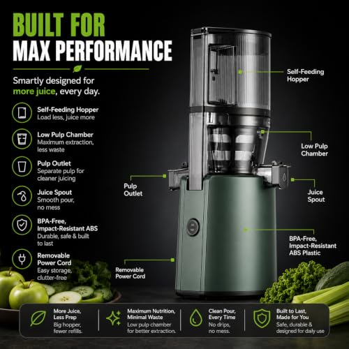 Image of Hurom H320 Cold Press Juicer | Ultra Low Pulp | Slow Juicer | Hopper Fits Whole Produce | Ultra Quiet Motor | Easy Assembly | Cold Press Masticating Juicer, 15 Years Warranty (Green with Strainer)