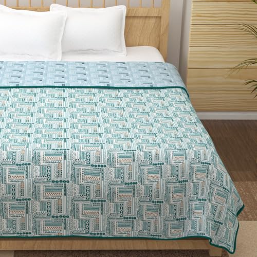 Image of Story@Home AC Comforter King Size Cotton 100%| 150GSM 225 x 240 CM Quilt AC Blanket for Summer | AC Dohar Double Bed | Light Blue & Dark Cyan Blue, Aztec Reversible Design Duvet | All-Season Blanket