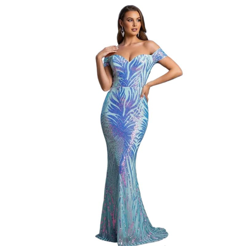Amazon.com: Off The Shoulder Holographic Sequin Formal Dress Floor Length  Evening Night Party Gown Blue Medium : Clothing, Shoes & Jewelry
