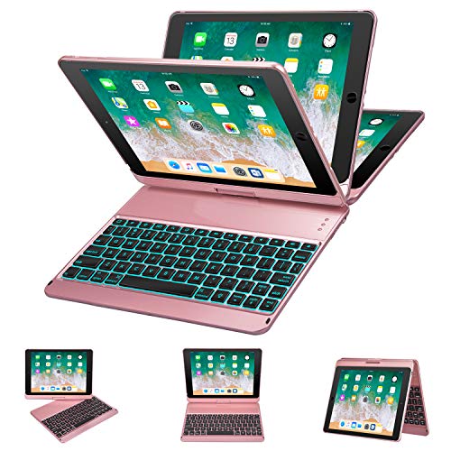 iPad Keyboard Case 9.7 for iPad 2018 (6th Gen) - 2017 (5th Gen) - iPad Pro 9.7 - iPad Air 2 & 1, 7 Color Backlit Keyboard Case/360 Rotate Wireless/BT Keyboard Case with Auto Sleep/Wake (Rose Gold)