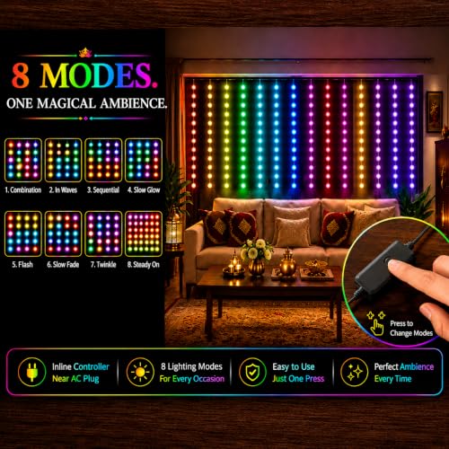 Image of Gesto Ball Curtain Fairy Lights for Decoration - 80 Led String Lights with 8 Modes Changer | Multicolor Decorative Lights for Home Decor, Room,Wall, Balcony, Christmas & Diwali Decoration- 10x3 Ft