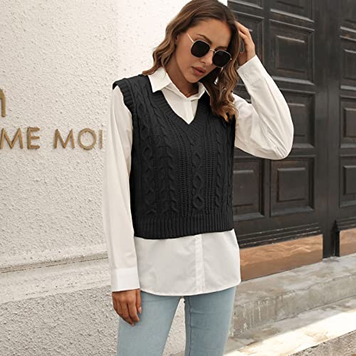 Image of jinghuiyue Women's Stripe Sweater Vest Classic V Neck Cable Knit Vest Sleeveless Pullover Ribbed Tank Tops