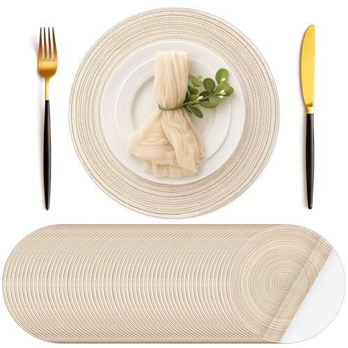 Geosar 100 Pcs Disposable Paper Placemats Cotton Woven Look 13 Round Placemats Rustic Disposable Table Pads Bulk for Dining Table Decoration Birthday Wedding Bridal Baby Shower Party (Beige)