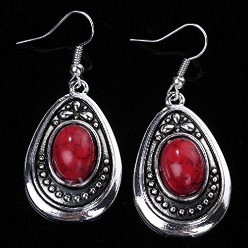 Yazilind Vintage Tibetan Silver Red Oval Turquoise Dangle Drop Hook Earrings Women Gift #TOP1