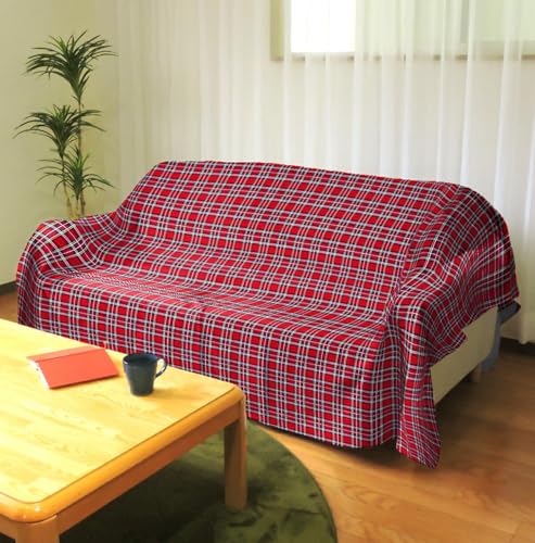 マルチカバー ソファカバー 正方形 タータンチェック赤 195×195cm 綿100% チェック柄 インテリア こたつ上掛け 日本製 眠り姫