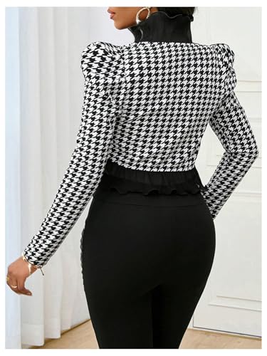 MakeMeChic Women's Houndstooth Print Open Front Blazer Jacket Puff Sleeve Ruffle Trim Cardigan Jackets2