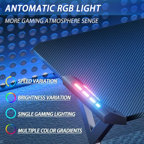 HLDIRECT 63 Inch Gaming Desk with LED Lights, Home Office Gamer Desks, Ergonomic Computer Desk with Large Carbon Fiber Desktop, Computer Table with Cup Holder & Headphone Hook for Home Office, Black - Image 6