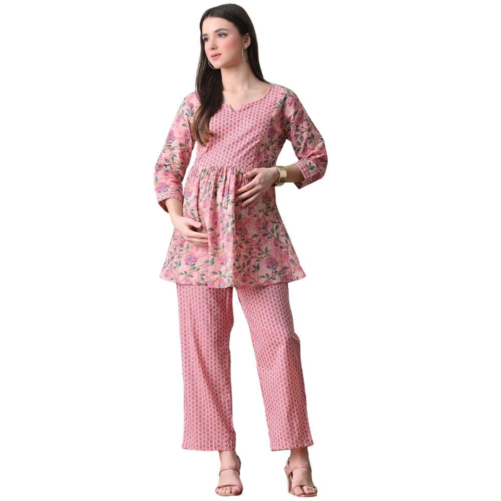 Maternity Co-Ord Set for Women | Cotton Kurti Pant Set | Nursing Zipper Feeding Friendly | Floral Kurta Palazzo Set-image-6