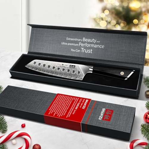 SHAN ZU Damastmesser, Santokumesser Küchenmesser 18cm Kochmesser Damaskus 10Cr15Mov Edelstahl Scharfe Messerklinge Ergonomischer G10 Griff… – Ansicht 5