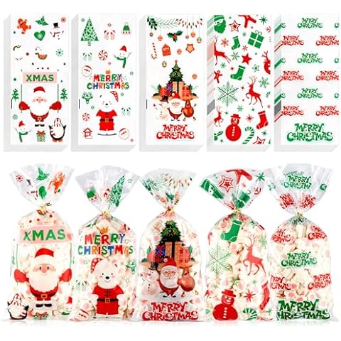 Slergut 100 Pcs Christmas Cellophane Treat Bags, Christmas Treat Bags, 5 x 10 Inch Plastic Candy Cookie Bags with Twist Ties for Goodies, Christmas Holiday Xmas Party Favor Bags Supplies Gift Wrap Cover