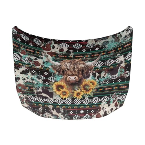 Image of Highland Cattle Pattern Car Hood Cover Sunflower Geometric Design American Hood Flag, 59.05 inchx39.37 inch, Premium Sublimation Print Car Hood Flag with Elastic Band