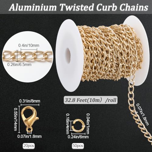 SOFPLATE 10M Gold Curb Chain Bulk Chain Jewellery Kit Aluminium Oval Twist Link Chain Spool Curb Chain Set Long Roll Curb Chains for Jewellery Making Kits Necklace Bracelet Supplies DIY Crafts - Image 2