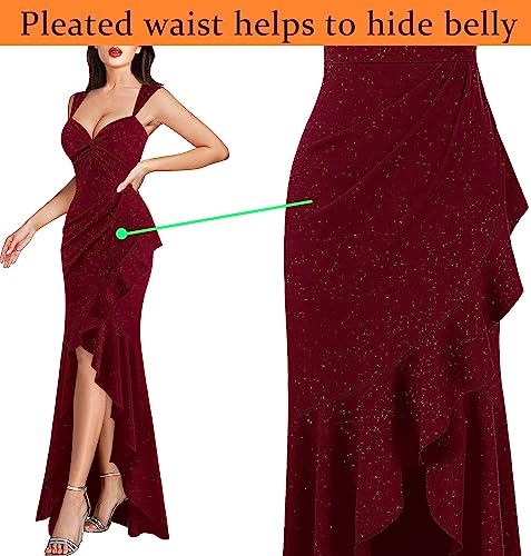 Image of VFSHOW Womens Glitter Sweetheart V Neck Twist Front Backless Ruched Ruffle Slit Formal Evening Gown Maxi Dress