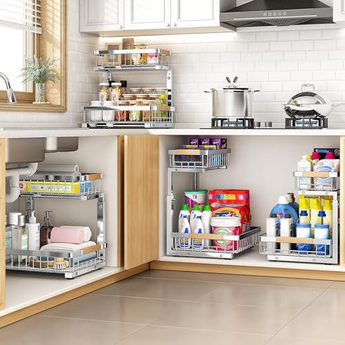 Image of PXRACK Under Sink Organizer, Adjustable Height, 2 Tier Pull Out Cabinet Organizer, Slide Out Thickened Metal Storage for Kitchen Bathroom Laundry Pantry Cabinet, Stainless Steel, Silver, Large-2-Pack