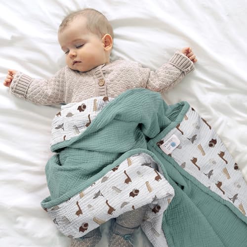 Image of lulumoon Muslin Baby Blanket Neutral: Cotton Toddler Blanket for Daycare | Soft Reversible Crib Bedding for Baby with Dinosaur - Lightweight for Stroller, Carseat & Travel, 47 inchx47 inch(Sage Dinosaur)