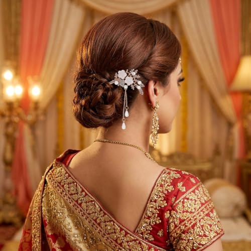 Image of MAYCREATE Hair Stick Floral Metal Pearl Tassel Rhinestone Bun Accessory
