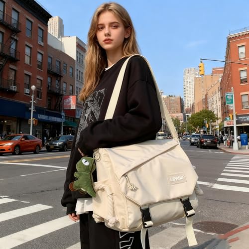 Image of Aesthetic Crossbody Bag with Cute Pins and Ornament, Nylon Shoulder Messenger Bag Japanese Kawaii Bag for Women Men