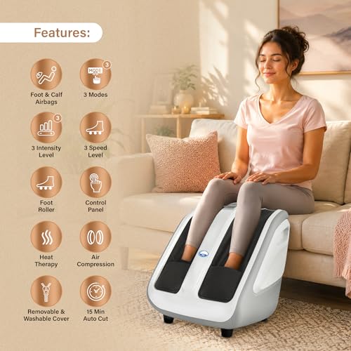 Image of ARG AROGYA Leg, Foot & Calf Massager with Air Compression, Roller & Heating | 3 Intensity Levels & 3 Modes | Air Bag Foot, Leg Massager for Pain Relief, Relaxation & Better Blood Circulation (White)