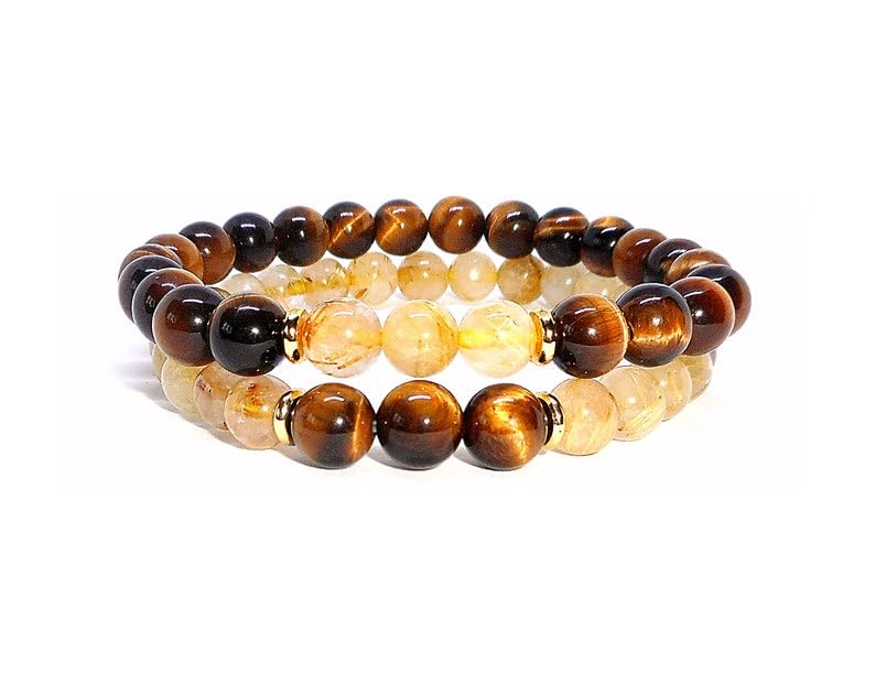 Tigers Eye & Rutilated Quartz 8mm Round Smooth beads Long Distance Couples Love Friendship Combo Bracelet Set - Couples Relationship Stretchable Bracelets set|BRCP_VG_2973