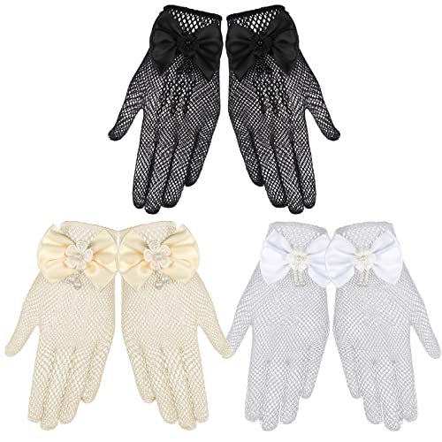 JenPen 3 Pairs Girl Net Lace Gloves Tea Party Costume Kids Princess Gloves Bow Tie Mittens for Communion Pearl Dress for Wedding Pageant Girls Aged 4-16