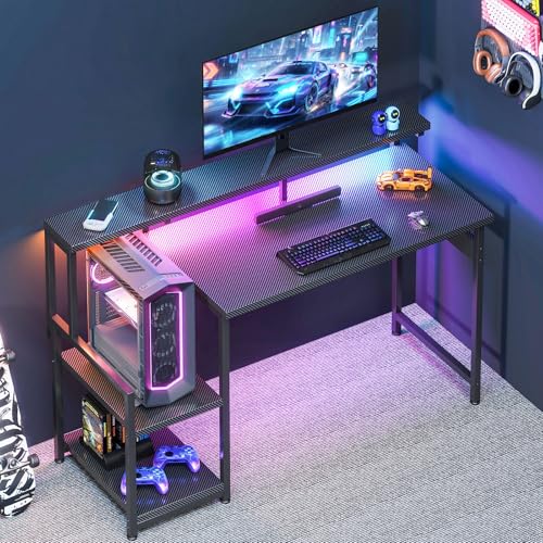 Image of AODK 48 Inch Gaming Desk with LED Lights, Computer Desk with Storage Shelves, Reversible Desk with Monitor Stand, Carbon Fiber Black