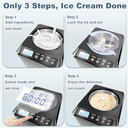 2.6 Qt Ice Cream Maker with Compressor, LCD Digital Display & Timer, No Pre-freezing, Countertop Gelato Makers, Automatic Ice Cream Machine for Homemade Use, Stainless Steel, 10-year-Warranty