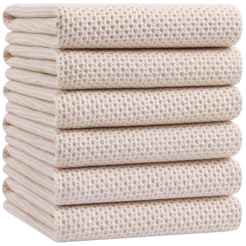Image of Homaxy 100% Cotton Oversized Waffle Weave Kitchen Dish Towels, Ultra Soft Absorbent Quick Drying Cleaning Towel, 20 x 28 Inches, 6-Pack, Beige