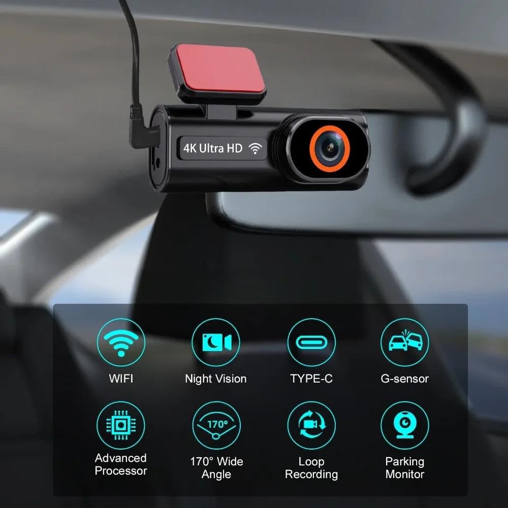 Kamera samochodowa 4K z nagrywaniem w pętli, 24-godzinnym monitorowaniem parkowania, nagrywarka 1080P z trybem nocnym, tylna kamera, obsługuje WiFi i GPS,32g