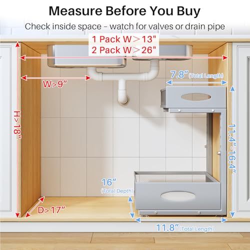 Image of Under Sink Organizer, 2 Pack 2 Tier Pull Out Under Cabinet Organizer Shelf with Pad for Framed Cabinets, Metal Slide Out Under Sink Storage, Mesh Sliding Drawers for Kitchen Bathroom Laundry, Grey