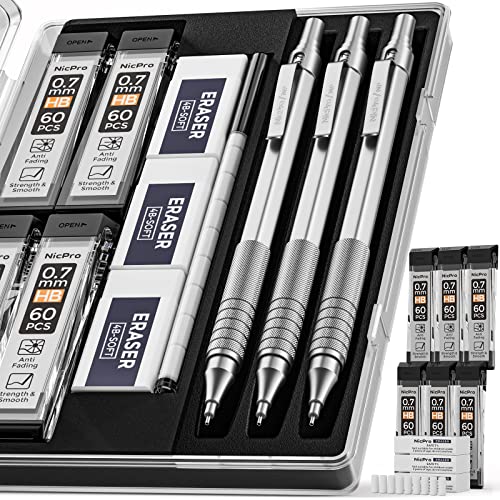 Nicpro 0.7 mm Mechanical Pencils Set with Case, 3 Metal Artist Pencil With 6 Tube HB Lead Refills, 3 Erasers, 9 Eraser Refills For Architect Art Writing Drafting Drawing Engineering, Sketching, Silver