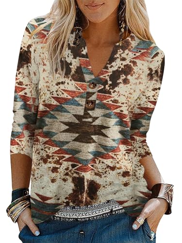 Binshre Womens Western Tops 3/4 Length Sleeve Shirts V Neck Graphic Shirts for Women Casual Tunic Blouses Cactus Desert Tees