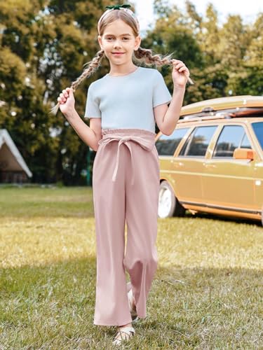 Image of Haloumoning Girls Wide Leg Pants High Elastic Smocked Waist Casual Flowy Cute Long Trousers